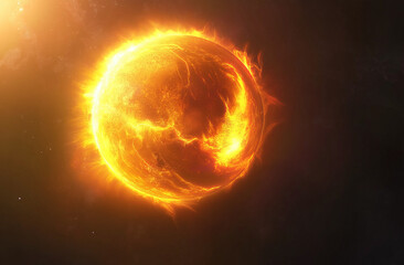 A realistic depiction of the sun, glowing with intense yellow and orange light against the black of space.