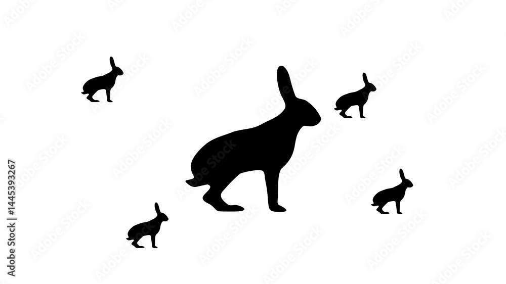 Poster zoom in and out animation the hare symbol. large black symbol in the center and four small symbols a