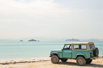 Turquoise off road vehicle parked on sandy beach overlooking tranquil ocean and islands