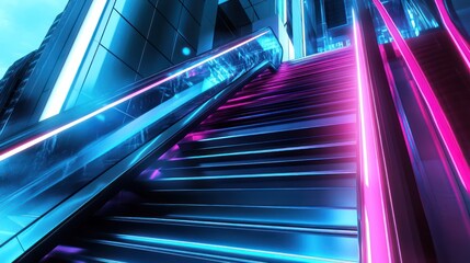 A futuristic neon-lit stairway leading into a cyberpunk skyscraper