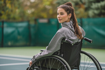 A wheelchair bound woman with a disability joyfully participates in a game of tennis on a well maintained court, showcasing her determination and love for sport