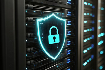 Server room security, glowing shield protecting data center servers