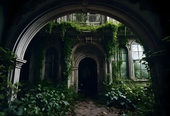 Fototapeta premium Overgrown Abandoned Mansion Entrance