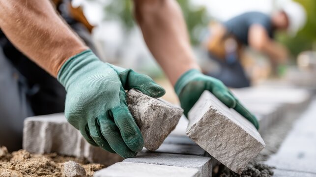 Hands with green gloves place gray bricks for concrete paths in a busy urban area under warm summer sunlight