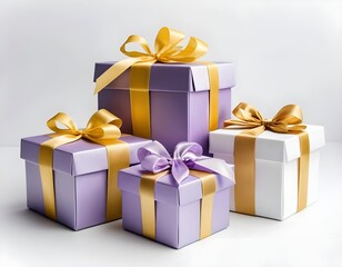 Obraz premium Stack of Gift Boxes with Purple and White Packaging and Gold Ribbons