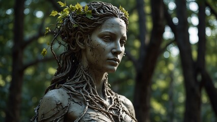 A statue of Oselia, goddess of the memory grove, her humanoid form entwined with roots and vines