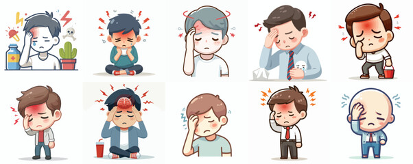 Vector Set: Cute Cartoon Characters with Headache or Fever Symptoms