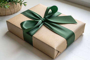Elegant gift box wrapped in kraft paper with green ribbon bow on white background