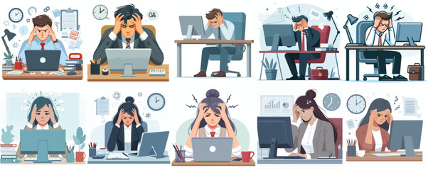 Vector Set: Stressed Office Workers Experiencing Burnout and Deadline Pressure