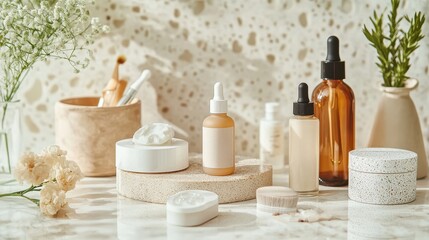 Natural skincare products on marble surface with plants and cream containers