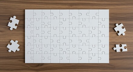 Completing White Jigsaw Puzzle on Wood Background Top View