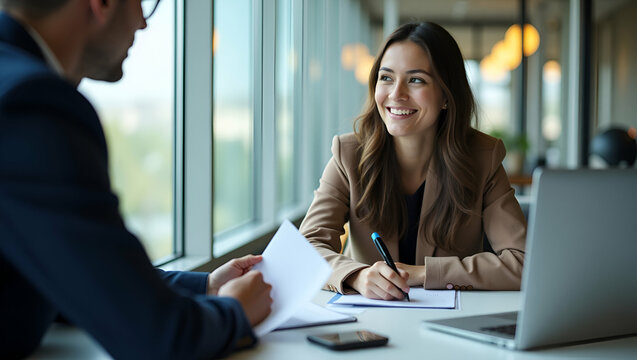 Ambitious Young Professional Taking Notes in Glass-Walled Office: Executive Mentorship for Career Growth - Stock Photo Concept with Space for Text