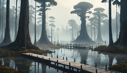 Fototapeta premium Misty Cypress Swamp with Wooden Docks