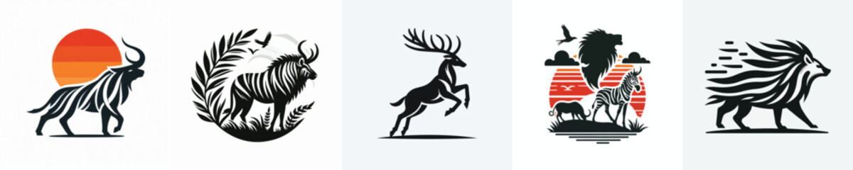 Wildlife Logo Concepts - Vector Silhouette Set (Antelope, Deer, Lion, Zebra)