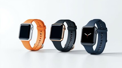 Three stylish smartwatches in vibrant colors: orange, black, and navy blue.