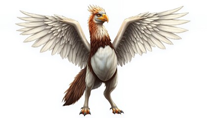 Obraz premium Majestic Gryphon Illustration with White Wings and Brown Feathers Isolated on White Background A Fantasy Clipart Image Perfect for Creative Projects