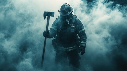 Obraz premium Heroic firefighter in smoke with axe: male in protective gear battling fire