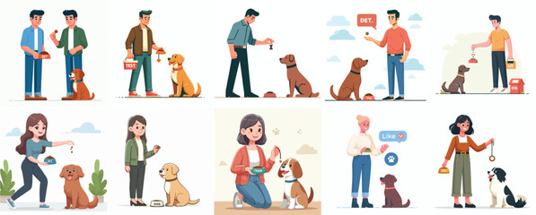 Naklejka premium Vector Set: People Training and Feeding Dogs