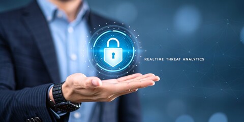Businessman Holding Icon of Cybersecurity Lock for Realtime Threat Analytics Concept