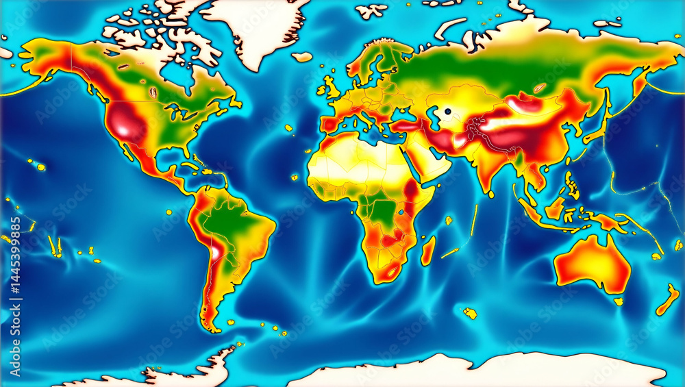 Poster satellite tsunami image analysis: infographic with wave height contours, propagation time estimates,