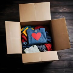 Donated Clothes in Cardboard Box with Heart