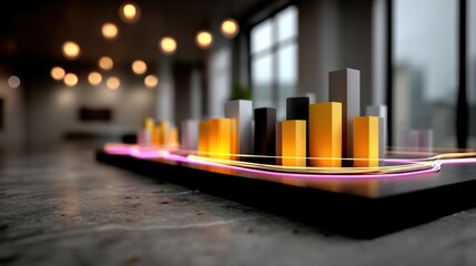 Modern digital 3D bar and line graph with neon lights on a sleek black base in an office setting
