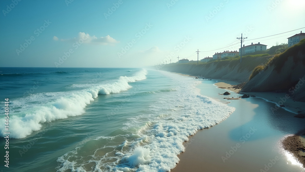 Poster time?lapse style visualization of rapidly rising sea level fast inundating coastal streets and erodi