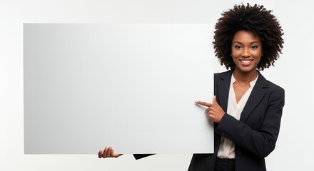 Smiling African American businesswoman holding a blank white sign, pointing her finger, promoting space for text or advertisement, in a studio setting
