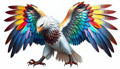Fototapeta premium Rainbow Winged Griffin with Speckled Feathers Isolated on White Background a Colorful Illustration for Fantasy Themed Projects Mythical Creature and Symbol Perfect Decoration