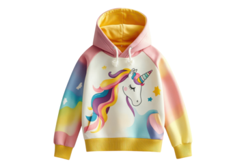 Adorable girls rainbow unicorn hoodie pastel colors soft comfy fabric yellow hood magical design
