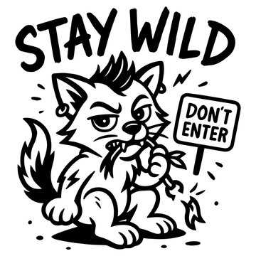 Wild Wolf Cartoon Silhouette. Angry cartoon wolf chewing a plant with &ldquo;Stay Wild&rdquo; . Funny rebellious animal silhouette