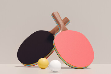 Table tennis paddles and balls displayed, ready for play. 3d rendering