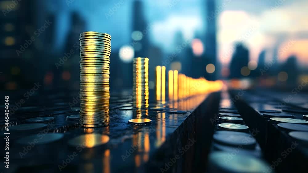 Poster golden coin columns stand tall with urban cityscape melting into soft blur. visual representation of