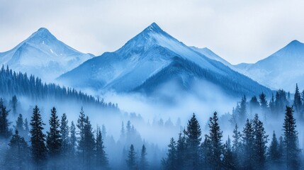 Obraz premium Majestic mountain landscape with towe peaks covered in snow and misty forest in the foreground showcasing serene natural wilderness scenery