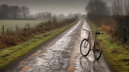 Misty Country Lane Rustic Bicycle Awaits Adventure.
