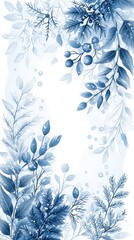 Obraz premium Elegant winter botanical illustration featu frosted leaves and berries in cool blue tones ideal for seasonal, holiday, and winter-themed design projects