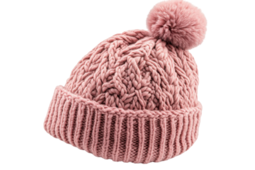 Cozy pink cable knit beanie with fluffy pompom perfect for winter warmth and style against white