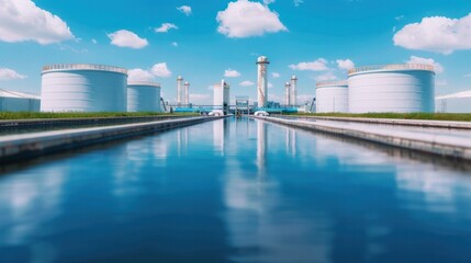 Modern industrial oil refinery with large storage tanks and cooling water channels under a blue sky with clouds, depicting energy production infrastructure and environmental management