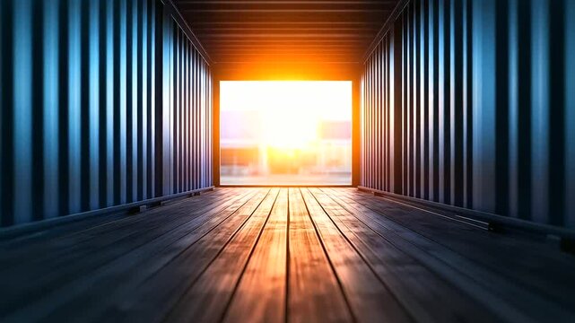 Open empty shipping container with wide metal doors, wooden floor glowing in sunlight, placed in industrial yard. Ideal for cargo storage, rental unit or temporary garage.