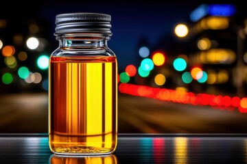 Transparent bottle of oil captured against a crisp white background for culinary or industrial use in modern design