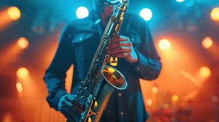 Fototapeta premium Professional saxophone player performing on stage in a concert hall under colorful stage lighting with a dark suit, focused expression, and energetic atmosphere