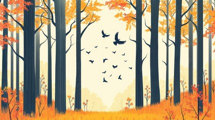 Obraz premium Serene autumn forest landscape with tall trees vibrant orange and yellow foliage, flying birds, and peaceful natural scenery in a colorful woodland setting