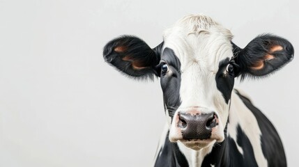 Close-up of a Young Holstein Dairy Cow with Distinct Black and White Coat Markings and Curious Expression on Light Gray Background