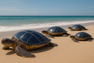 Solar-Powered Turtles on Sandy Beach
