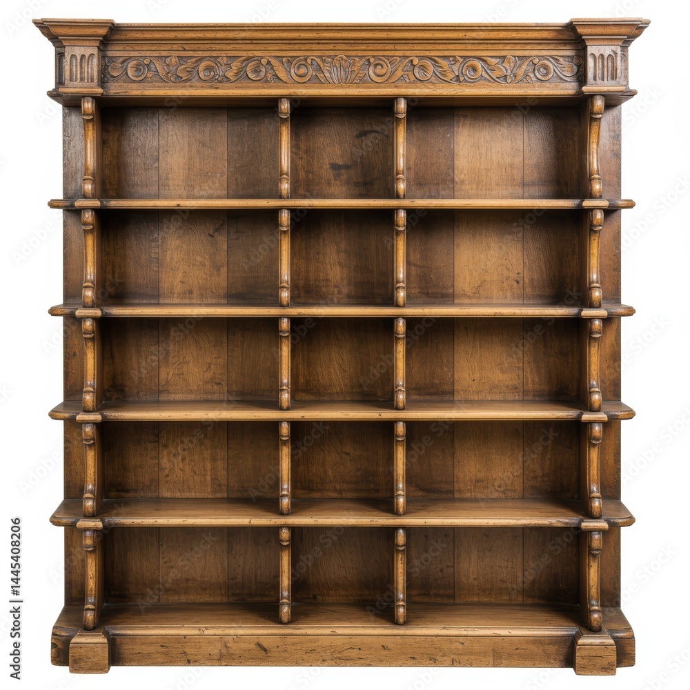 Poster a large wooden bookshelf with multiple shelves and decorative carvings on the top edge of the struct