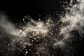 Fine airborne dust forming luminous powder cloud against shadowy black backdrop pulsing