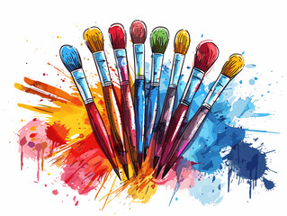 Paint brushes on abstract watercolor background. Vector artistic illustration.