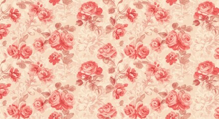 Fototapeta premium Vintage Rose Pattern Wallpaper - Elegant hand-painted floral design. Symbolizing romance, beauty, nostalgia, femininity, and timeless . Perfect for classic home decor