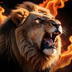 Naklejka premium Roaring Lion in Flames