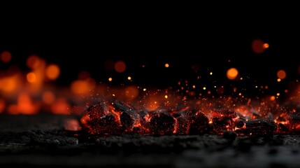 Glowing fire embers drifting across deep black emitting warm orange sparks fragmented